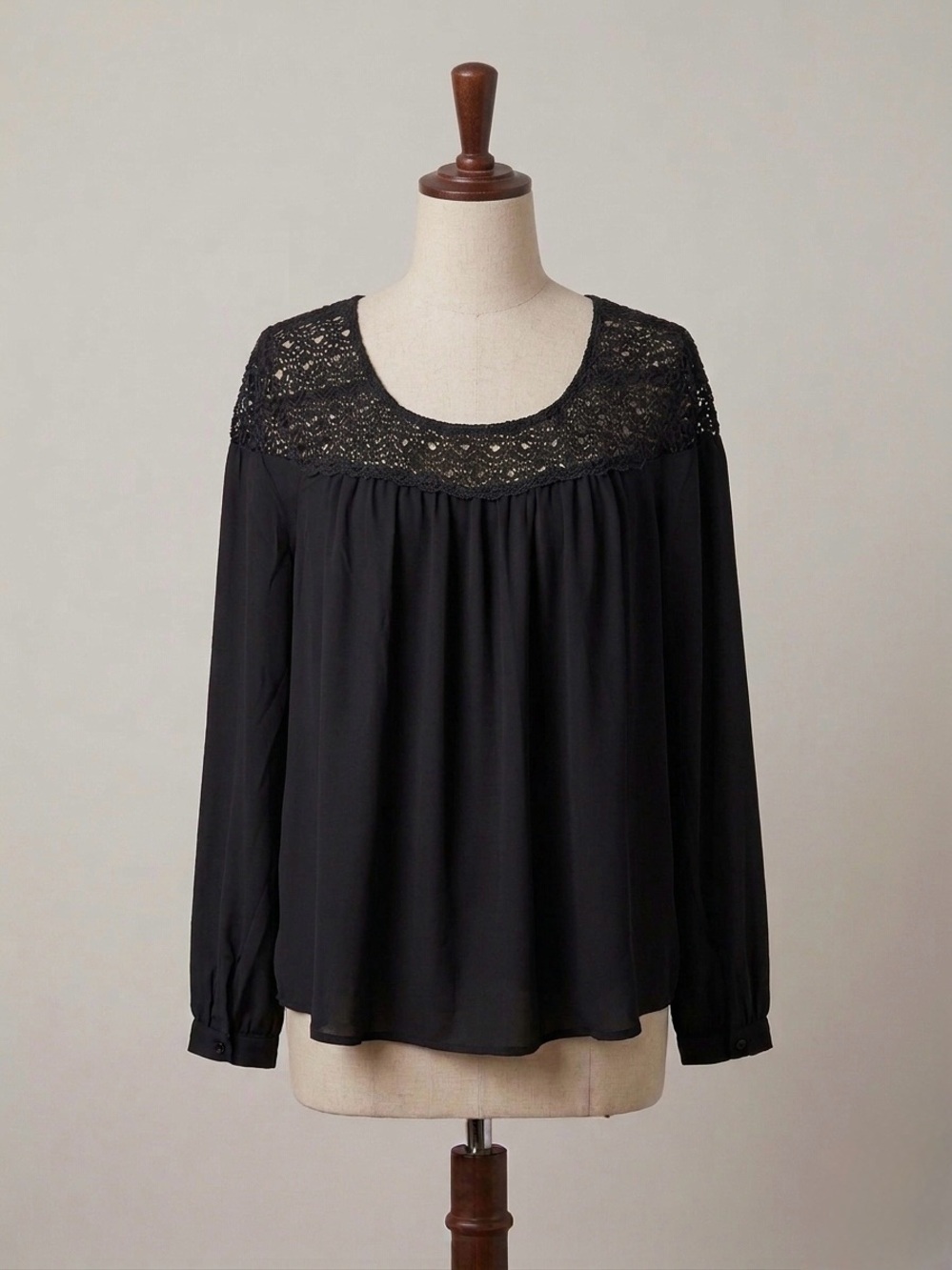 LOFT Black Crochet Yoke Long Sleeve Blouse